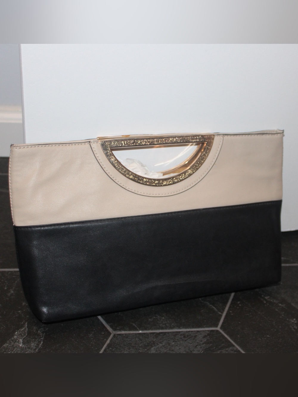 The Limited Colorblock Envelope Clutch Bag Beige Black Gold Metal Handle Chic